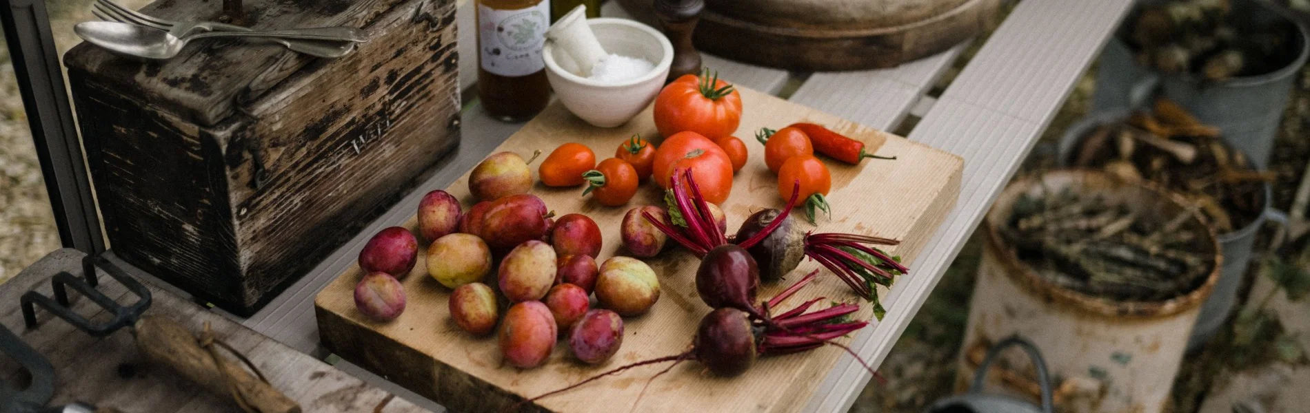 a selection of greenhouse produce on a chopping board